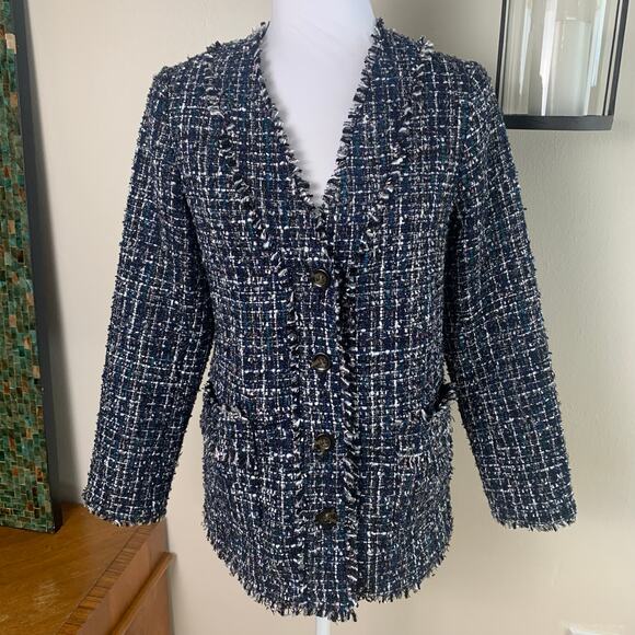 Ann Taylor Petite Size 4P Tweed Metallic Blazer Jacket Fringe Trim Heavyweight - Picture 3 of 13
